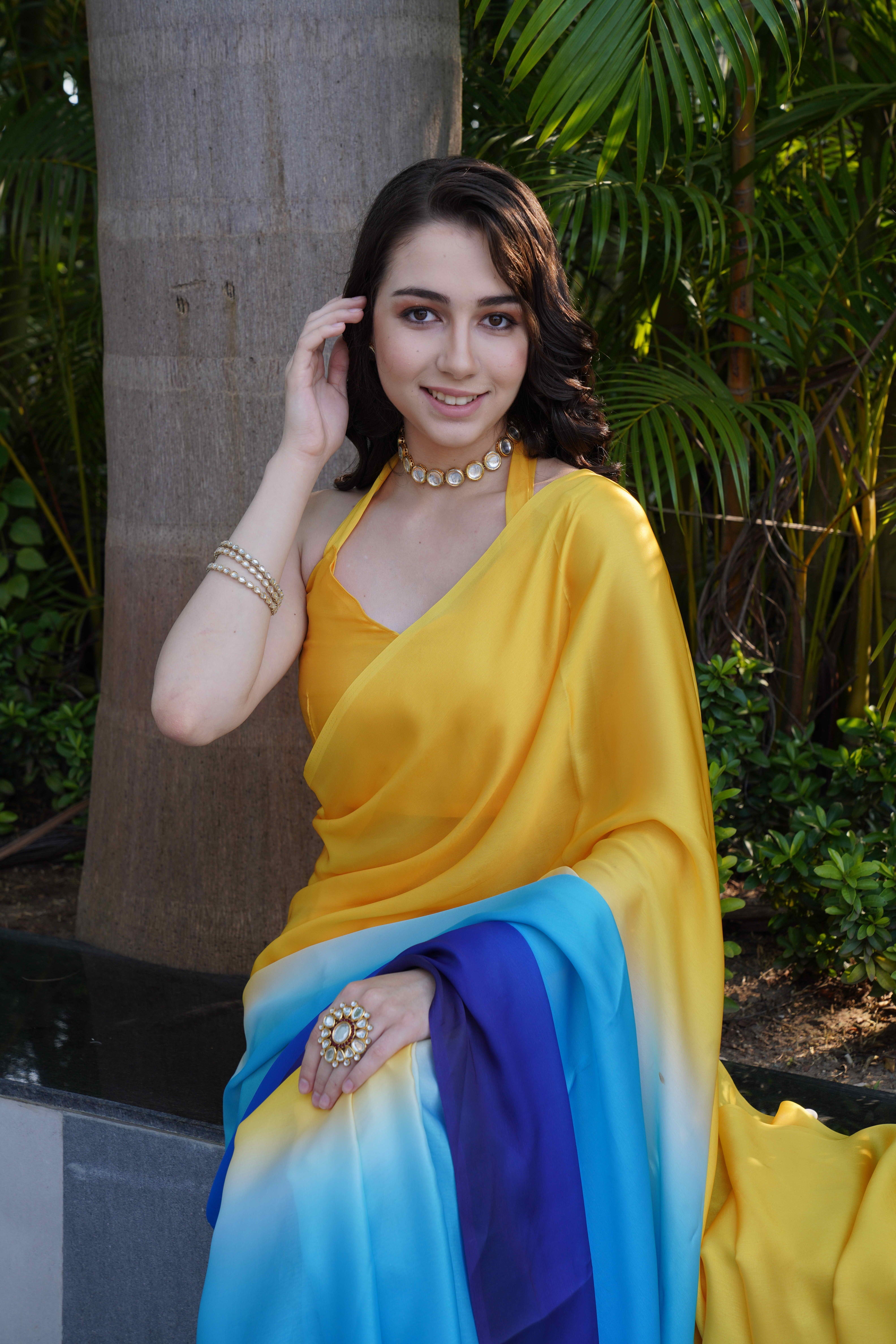 Yellow Blue Colour Block Georgette Saree